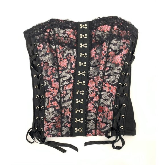 Tripp Black Pink Corset Lace-Up Hook & Eye Closure Size S Y2k 90s Dragon Print - Picture 1 of 10